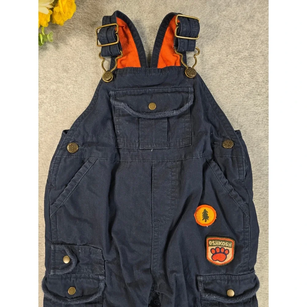 OshKosh Y2K Cargo Fleece Lined Overalls Baby 3-6m Blue Camp Outdoor Patched